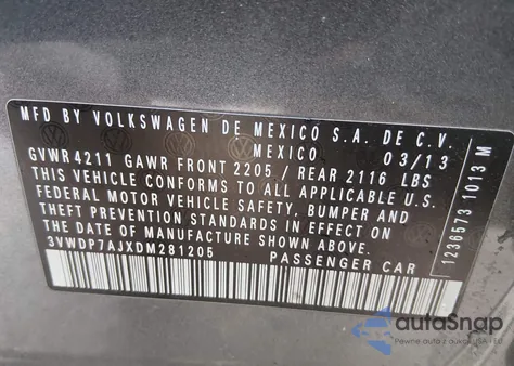 2013 Volkswagen Jetta 2.5L Se from USA, damaged, VIN 3VWDP7AJXDM281205